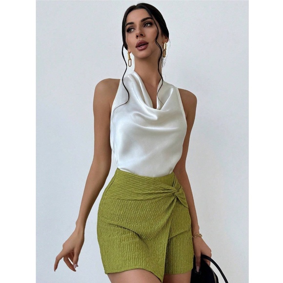 Off White Satin Halter Draped Tie Neck Sleeveless Blouse - Picture 2 of 8